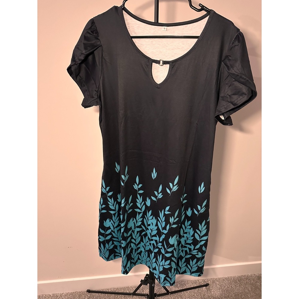 Black Teal Leaf Print Keyhole Neck‎ Shift Dress Short Sleeve Puff Shoulder Large